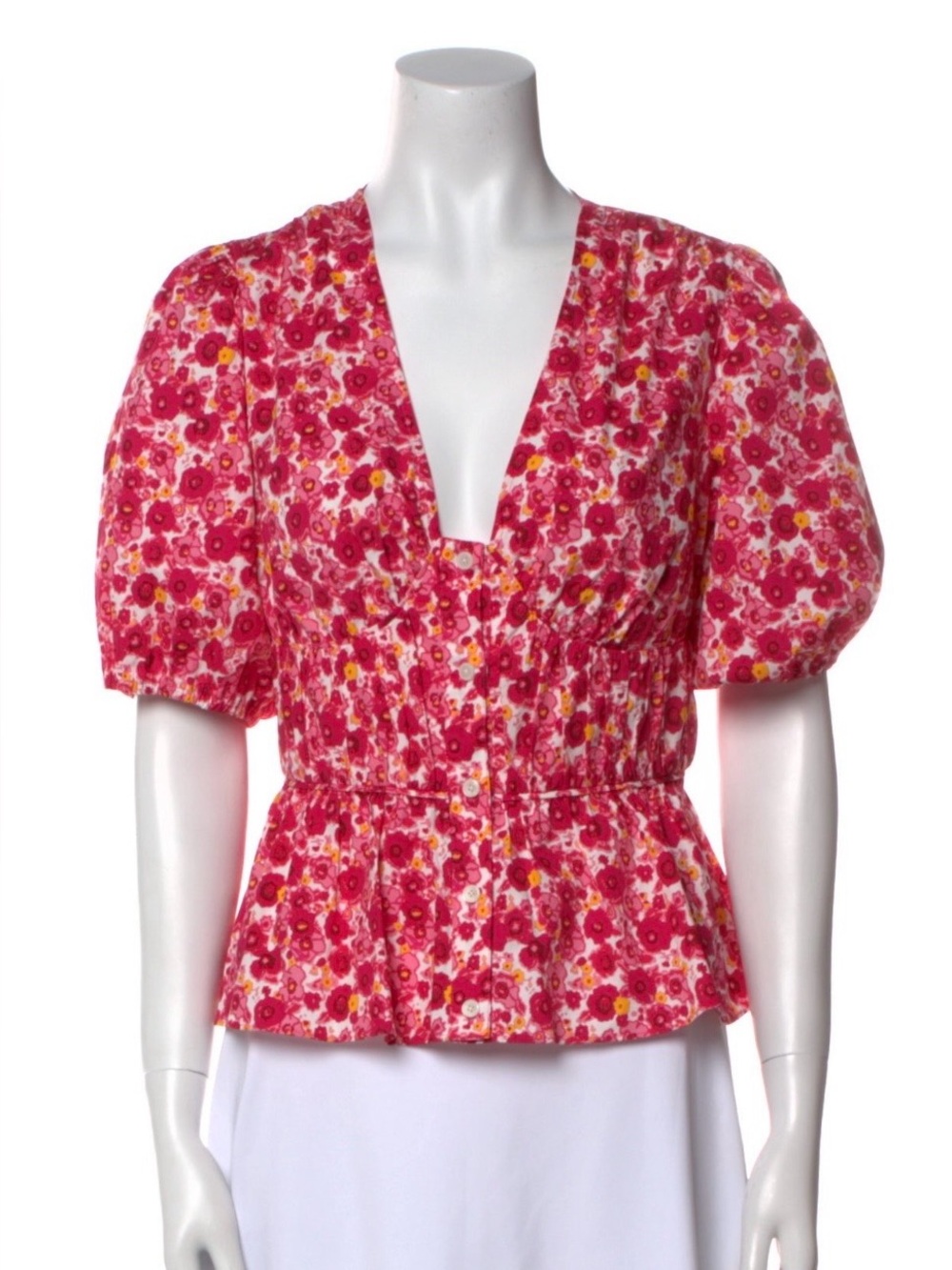 Derek Lam 10 Crosby Pink Floral Print Cotton Blend Puff Sleeve V-Neck Top 6